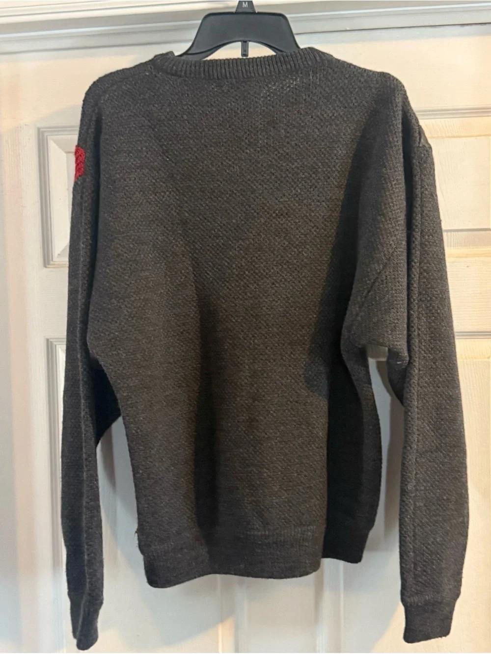 Vtg Saxony Sweater Mens L Gray Red Leather  Knit Abstract 80s 90s Coogi Style 3D